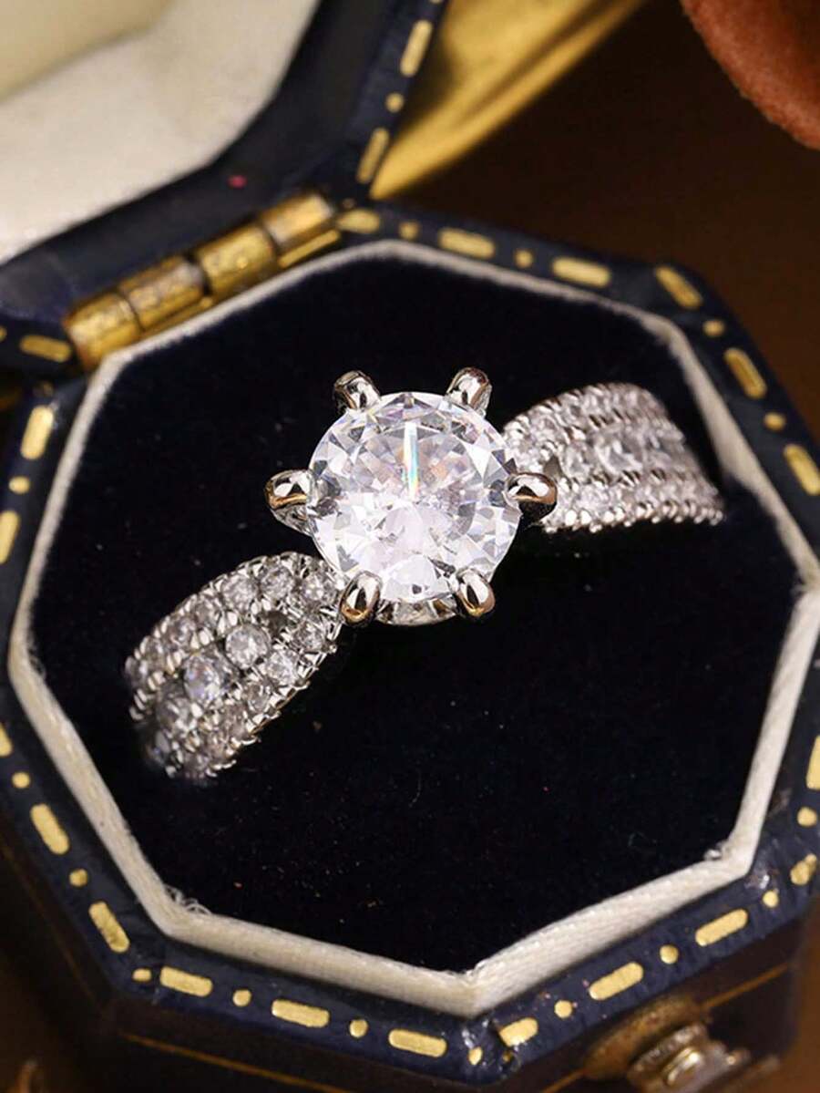 Classic Six-Claw Round Synthetic Cubic Zirconia Couple Rings, Geometric Wedding Engagement Jewelry Gift - White - View 1