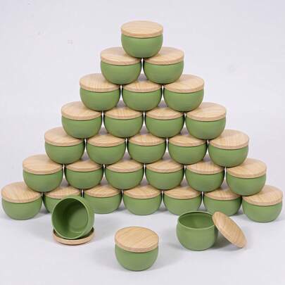 8个绿色空蜡烛罐，带木盖 - 可重复使用的金属容器，适用于DIY蜡烛制作、家居装饰和小物件收纳