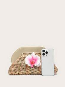 1 chiếc túi xách nữ phong cách đường phố tối giản, vintage, chất liệu rơm xếp ly, phối kim loại nhiều màu sắc, trang trí hình bướm và hoa. - Nhiều màu - Xem 3