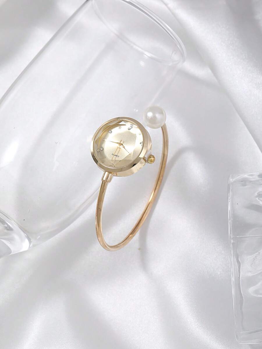 1pc Women's Delicate Fiber Bracelet With 1 Large Pearl, Diamond Cut Glass Rhinestone Dial, Minimalist Quartz Watch Chain - Gold - View 1