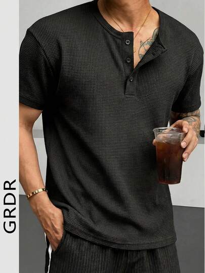 GRDR T-shirt à manches courtes Henley d'été polyvalent et à la mode pour hommes, de couleur unie