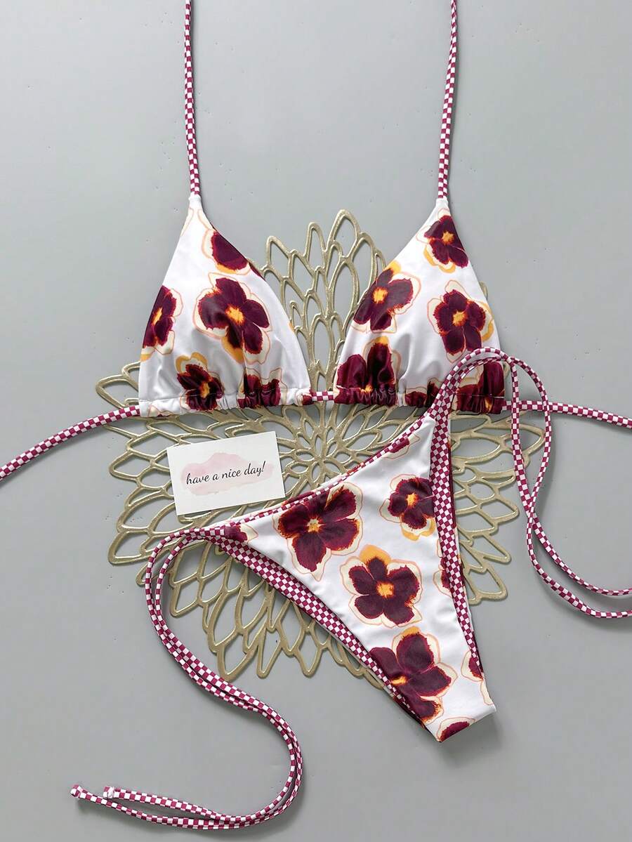 2pcs Retro Floral Colorblock Plaid Print Bikini Swimwear, Suitable For Beach, Pool, Cruise, Party In Spring & Summer Vacation