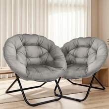 Folding Oversized Saucer Chair, Lazy Moon Chair With Sturdy Metal Frame, Comfy Accent Chair For Bedroom, Living Room, Study, Grey - 灰色 - 查看 5