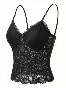 性感蕾丝吊带背心，适合内搭或外穿 - 黑色 - 查看 6