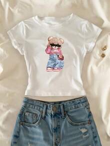 Women Casual Printed Round Neck Short Sleeve Top - A Women's Casual Top With A Cute Bear Wearing, A Sweet And Cool Pose,, Chest Print, Youthful And Sweet, Casual And Versatile, Girlish Short-Sleeve Summer Wear, Fun Round Neck-Shirt, Top Only/No Bottoms - Cozy Summer Essential & Casual Chic - White - View 6