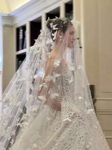 1pc Elegant Bridal Butterfly Pearl Veil,Long Woman Illusion Tulle Lace Edge Veils - Ideal For Weddings & Bachelorette Parties, Ideal Photo Prop & Unique Gift For Brides-To-Be - View 5