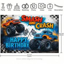 Telón de fondo para fiesta de cumpleaños con tema de monster truck, con una pancarta de monster truck estrellado, decorado con grandes banderas de carreras y texto "¡Aplastar/Feliz Cumpleaños!". Ideal para fiestas con tema de carreras, cumpleaños, carnavales, festivales, decoraciones del Carnaval de Colonia, mesas de pastel, fondos fotográficos y decoración única para fiestas de cumpleaños. - Multicolor - Ver 5