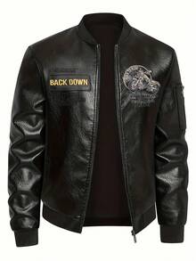 Men's Retro Black PU Leather Motorcycle Rider Embroidered Jacket With Zipper Closure, Casual Street Style, Durable Polyester Lined Aviator Windproof Leather Jacket - Black - View 2