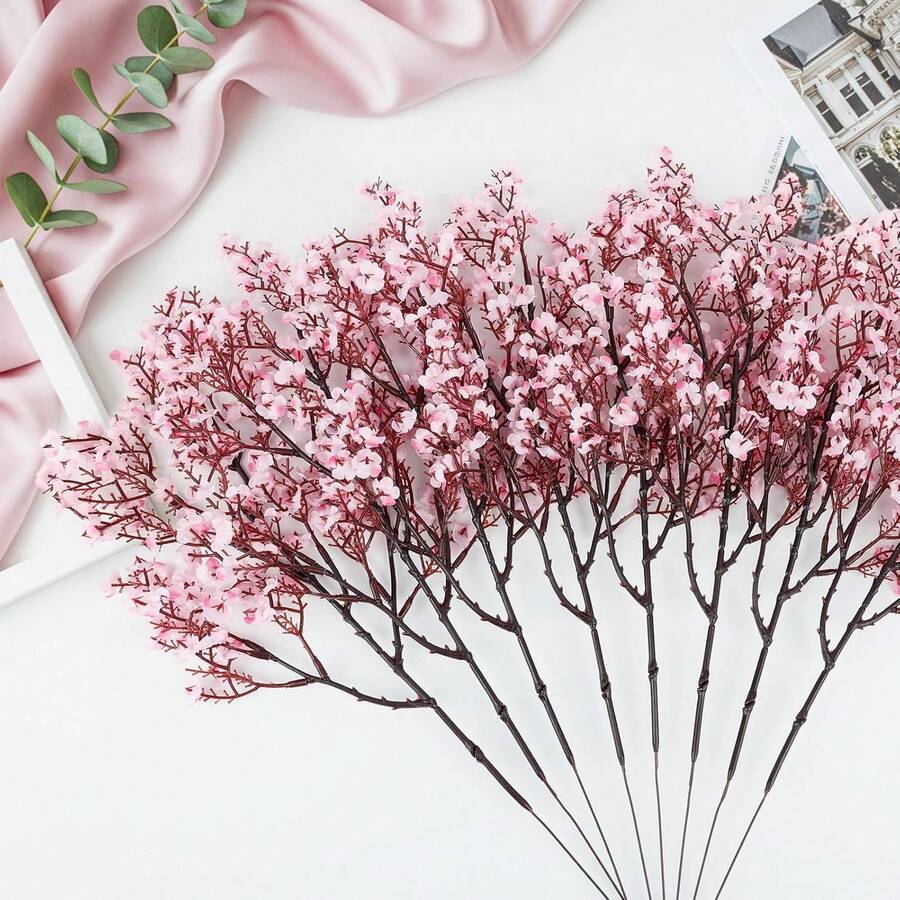8支仿真深粉色满天星，丝绸花束，适合婚礼新娘派对家居DIY花艺装饰 - 粉色 - 查看 1