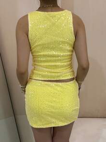 Women's Slim Sequin Two-Piece Outfit Sexy Sleeveless Y2K U-Neck Tankini Top And Mini Skirt For Club Party - 黃色 - 查看 3