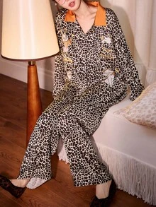 Gongdie Disney 两件套迪士尼玛丽猫印花纯棉长袖睡衣套装，秋/春季款 - 棕色 - 查看 6