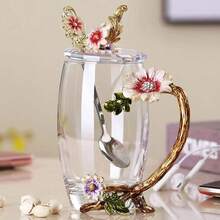 Enamel Color Glass Mug With Lid, Heat-Resistant Tea Cup, Flower Tea Cup, Gift For Teacher - Multicolor - View 3