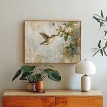 1幅带框/不带框复古蜂鸟春季植物帆布海报，古董鸟类风景乡村风格墙面艺术印刷品，农舍田园风装饰复古画，适用于公寓、客厅、卧室、现代家居装饰 - A - 查看 2