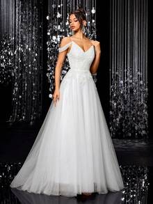 A-Line Lace Beaded Tulle Wedding Dress, Spaghetti Strap Formal Evening Gown - White - View 7