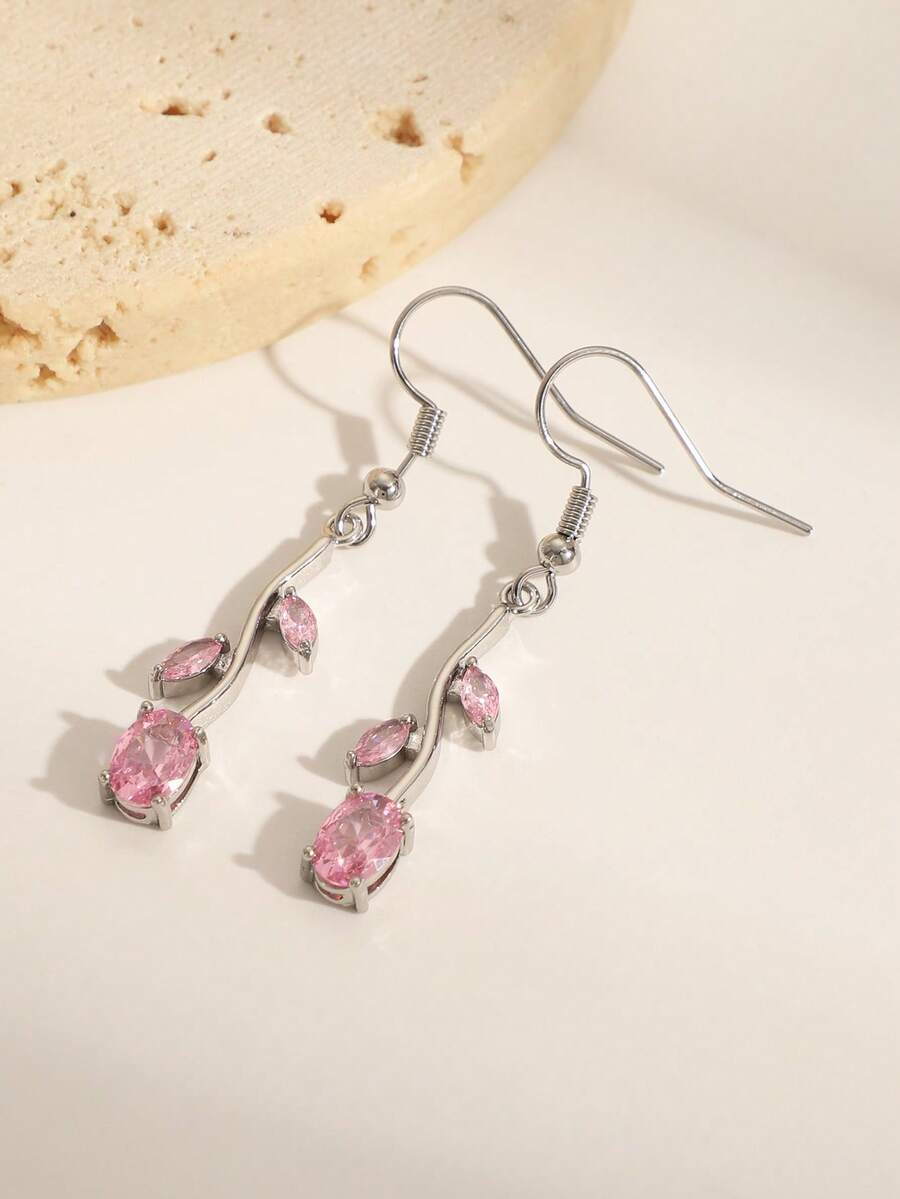 一对时尚锆石叶子花朵水滴耳环，奢华优雅设计，适合女性日常、婚礼、约会及各种场合佩戴。 - 銀色 - 查看 1