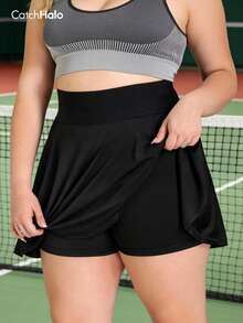 Plus Size Women's High Waist Pleated Skirt, Built-In Shorts, Side Pockets, Flared, High Elasticity, Suitable For Tennis And Golf - Black - View 3