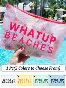 多色防水时尚网布沙滩包，化妆包，印有“WHATUP BEACHES”字样，沙滩主题，大容量透明化妆包，轻便防晒收纳包，沙滩必备，带尼龙拉链的洗漱包，适合游泳、沙滩、潜水和暑假，学生返校季，生日、节日、派对、婚礼（伴娘）的完美礼物和纪念品 - 彩色 - 查看 2
