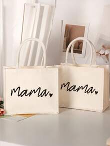 Fashionable "Mom" Print Tote Bag - Beige Shoulder Bag, Large Capacity Durable Shoulder Bag, Suitable For Shopping, Beach, Travel, Mother's Day Gift - Beige - View 2
