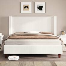 Queen/King/California King Size Platform Bed Frame With 50.8" Corduroy Upholstered Bed, Vertical Channel Tufted Wingback Headboard, Wooden Slats Support, No Box Spring Required - White - View 12