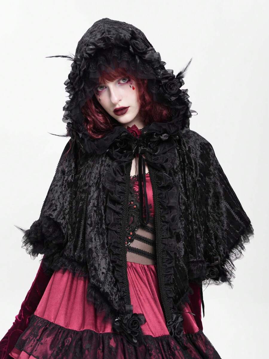 Devil fashion Gothic Punk Style Embroidered Velvet Hooded Cape, Cosplay Costume - Black - View 1