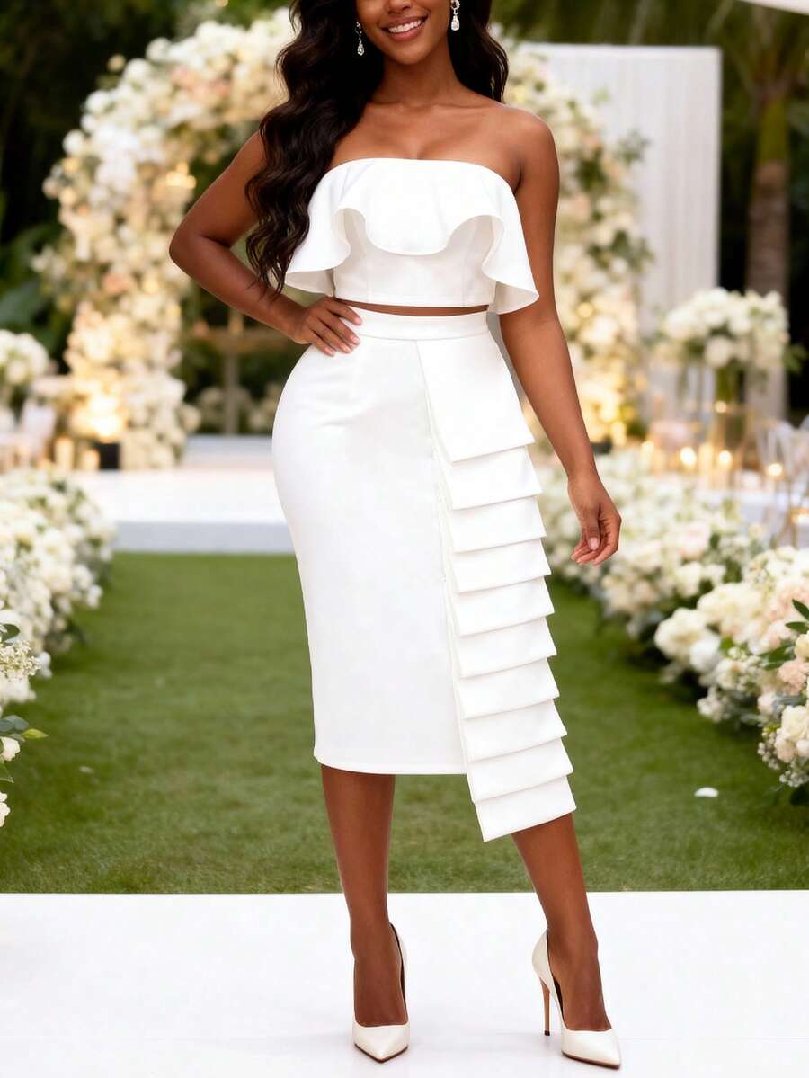 Set de 2 piezas para fiesta de despedida de soltera, top de camiseta blanca y falda con volantes de cintura alta, vestido de noche para invitada de boda - Blanco - Ver 1
