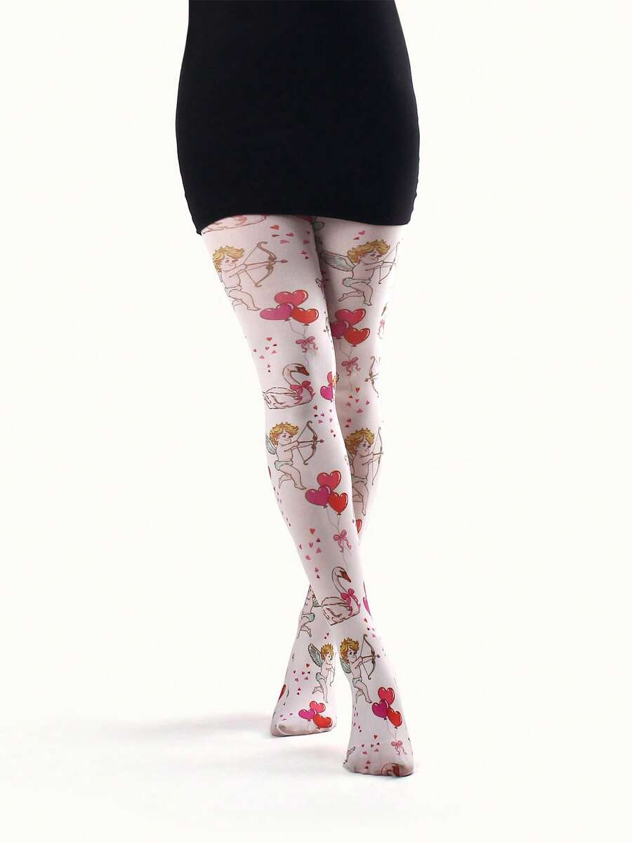 1 Pair Women's Heart Balloon & Cupid Swan Print Leggings - Multicolor - View 1