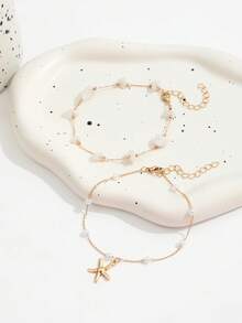 2pcs Bohemian Style Faux Pearl Starfish Pendant Anklet, Asymmetrical Stone Layered Anklet Set For Women - Gold - View 4