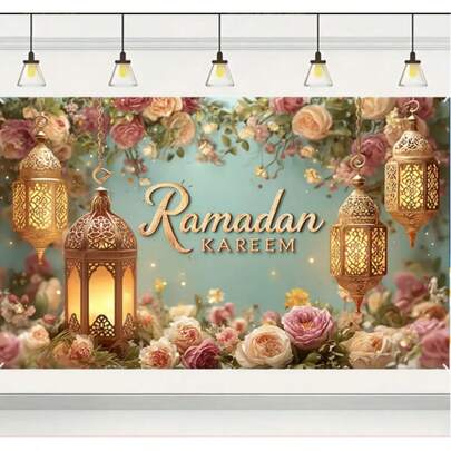 Large Outdoor Garage Decoration With Ramadan Celebration Banner, Featuring Mosque And Moon Design, Durable Polyester Fiber, Perfect For Garden Parties