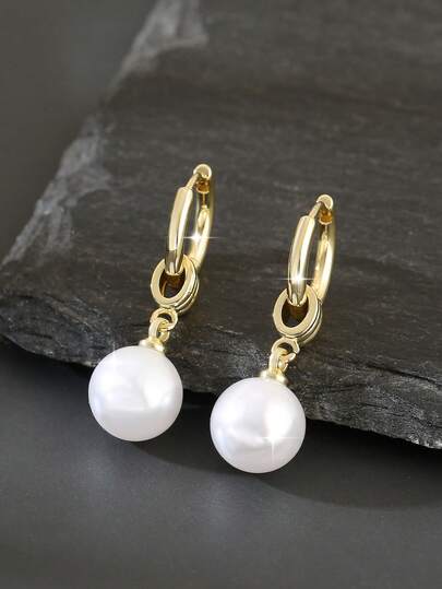 1 Pair Elegant Copper Inlaid Pearl Pendant Earrings, Sophisticated High-End Earrings For Women, Party & Date Gift