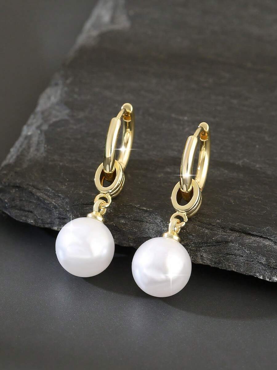 一对优雅铜镶珍珠吊坠耳环，精致高端女士耳环，适合派对和约会礼物 - 珍珠 - 查看 1