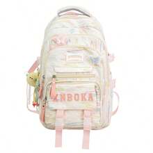 Mochila bordada de alta calidad y moda, bolsa escolar casual de gran capacidad para estudiantes con colgante - Blanco - Ver 9