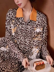 Gongdie Disney 两件套迪士尼玛丽猫印花纯棉长袖睡衣套装，秋/春季款 - 棕色 - 查看 3