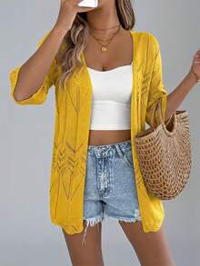 Nuevo cárdigan de punto de manga corta con diseño calado para el verano, chaqueta fina tipo cubrecosturas para playa y vacaciones para mujeres - Amarillo - Ver 5