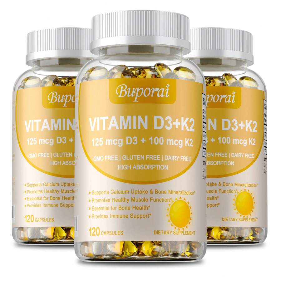 BUPORAI Vitamina D3+K2 - Absorción de calcio, apoya la salud del corazón, las articulaciones y los huesos, mejora la función inmunitaria, sin OGM - 120 piezas - Tres botellas - La mejor opción - Ver 1