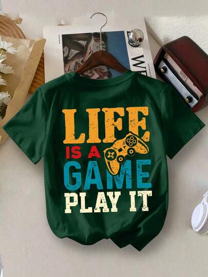 Camiseta de manga corta con cuello redondo y estampado de letras y control de juego colorido para niño preadolescente, nueva camiseta gráfica para primavera/verano