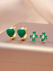 2 Pairs Elegant Fashion Versatile Shiny Green Cubic Zirconia Heart, Star, Cross, Butterfly Earrings, Suitable For Work And Daily Wear, Minimalist Yet Luxurious Gold Jewelry - Gold - View 4
