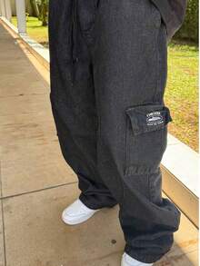 APPROVE Men's Cargo Pants, Black Jeans, 5 Pockets, Wide Leg, Streetwear Style. - màu đen - Xem 1