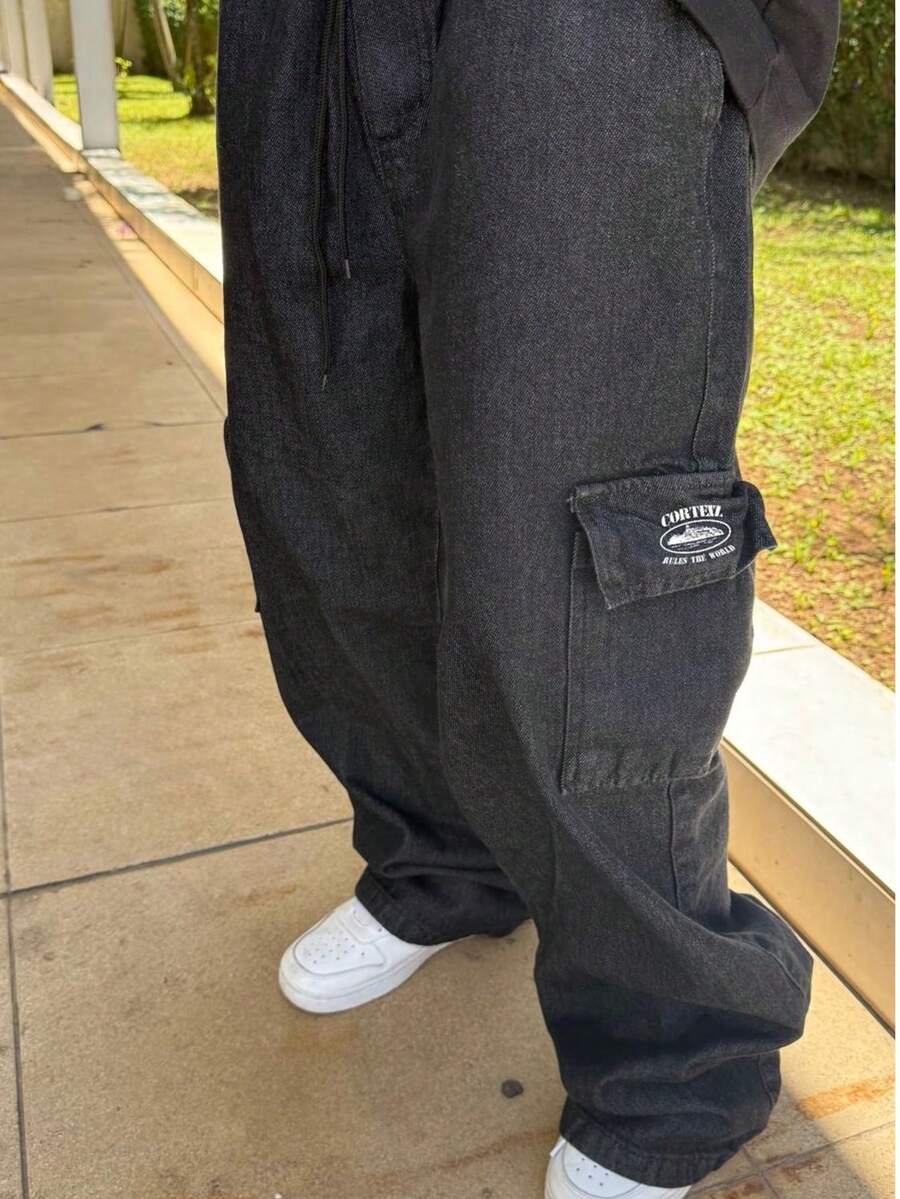 APPROVE Men's Cargo Pants, Black Jeans, 5 Pockets, Wide Leg, Streetwear Style. - màu đen - Xem 1