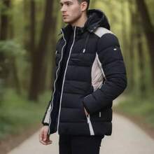 Men's Striped Fleece-Lined Hooded Winter Jacket, Thick, Lined, Motorcycle/Snow Luxury Jacket - màu đen - Xem 2