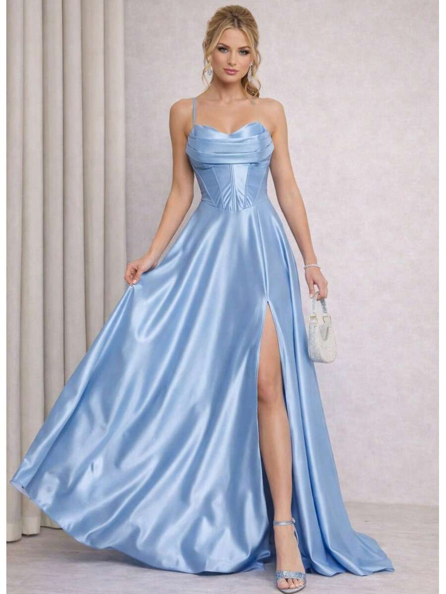 Bridesmaid Dress For Parties, Graduations, And Guests, Princess Style, Satin With A Braided Back. - Blue Serenity - View 1