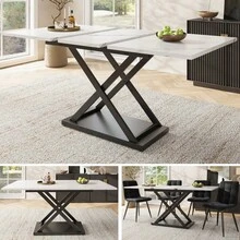 Telescopic Dining Table 120-160*80 Cm Extendable Dining Table Space-Saving Kitchen Table Black Crossed Iron Legs For Kitchen And Living Room White Marble Dining Table - White+Black1 - View 1