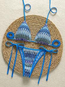 Women's Unique Textured Fabric Bikini 2 Pieces Swimwear, Cute Spaghetti Strap Backless Design Vacation Beach - Blue - View 2