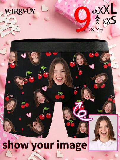 1pc Customized Boxer Briefs For Men, Personalized Cherry & Heart Print Men's Underwear, Husband's Exclusive Customized Boxer Briefs, Funny Expression Customized Boxer Briefs, Cute, Fun, Comfortable, Unique, Ideal Valentine's Day, Anniversary, Birthday, Wedding Gift For Boyfriend, Husband, Him, Perfect For Fitness Guys