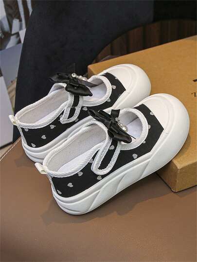 1 Pair Black & White Cute Fashion Canvas Sneakers For Kids, Bow Decor, Comfortable Outdoor Casual Shoes For Spring/Autumn