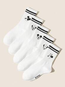 Disney 5/1 Pair Spring/Summer Crew Socks, Cute Cartoon Black & White Big Head And Pattern, Classic Simple Moisture-Wicking Comfortable White Double Stripe Socks/Sports Socks, Suitable For Parties, Casual Sports, Outings, Gift Giving - Black and White - View 2