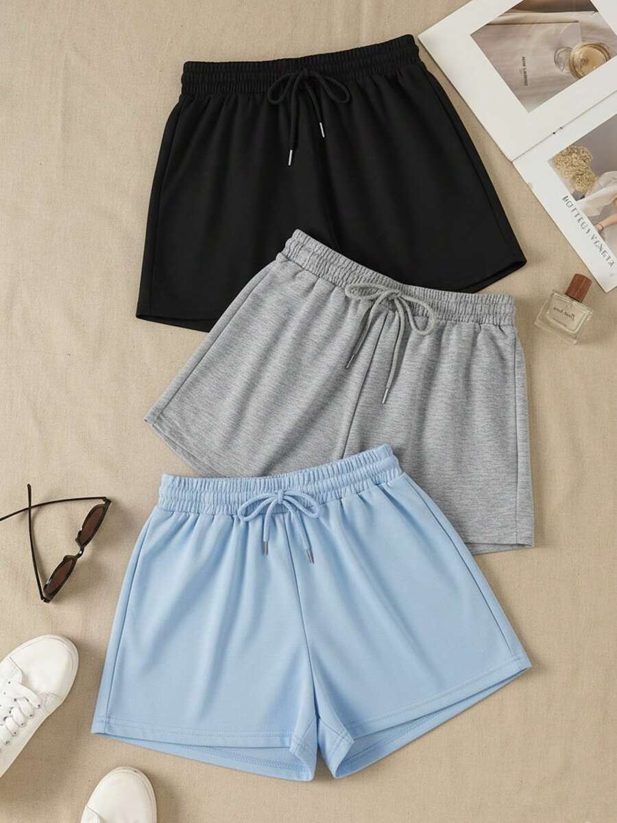 3pcs Solid Color Elastic Waist Sports Shorts - Multicolor - View 1
