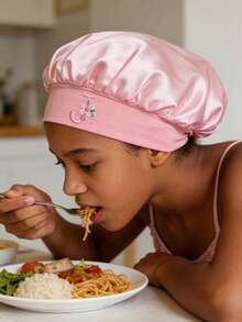 1顶儿童光滑缎面字母睡帽，时尚舒适，透气防滑，日常护发帽 - 粉色 - 查看 4