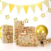 5/10pcs Baby Shower Series - Kraft Paper Gift Wrapping Paper, 28.5*42cm Baby Shower Gift Wrapping Paper Roll, Baby Birthday Gift Wrapping Paper Roll, Wild Animal Design Birthday Party Gift (Zebra/Bear/Floral Bear Optional) - Multicolor - View 1
