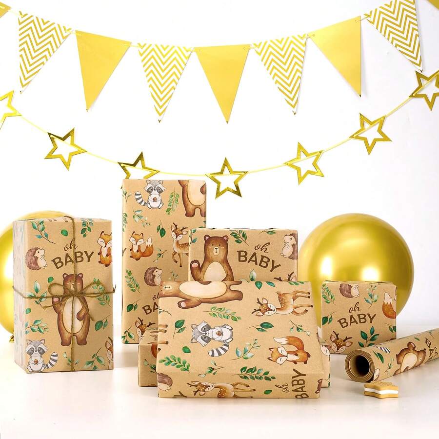 5/10pcs Baby Shower Series - Kraft Paper Gift Wrapping Paper, 28.5*42cm Baby Shower Gift Wrapping Paper Roll, Baby Birthday Gift Wrapping Paper Roll, Wild Animal Design Birthday Party Gift (Zebra/Bear/Floral Bear Optional) - Multicolor - View 1