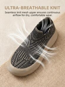 Women's Wide Toe Box Knit Sneakers With Thick EVA Platform – Fashionable Slip-On Design In Black & Beige Abstract Print – Comfortable All-Day Wear - Black Coffee - View 7